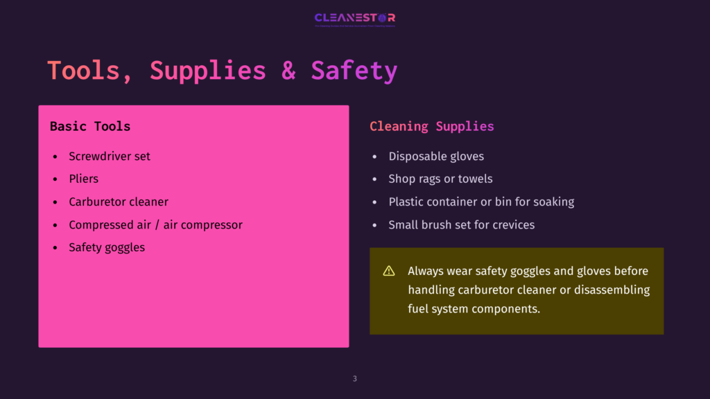 A Dark Purple Slide Titled &Quot;Tools, Supplies &Amp; Safety&Quot; Lists Basic Tools Like Screwdriver Set, Pliers, Carburetor Cleaner, Compressed Air/Air Compressor, And Safety Goggles. Cleaning Supplies Include Disposable Gloves, Shop Rags, Plastic Containers, And A Small Brush. A Yellow Warning Box Advises Wearing Safety Goggles And Gloves When Handling Carburetors.