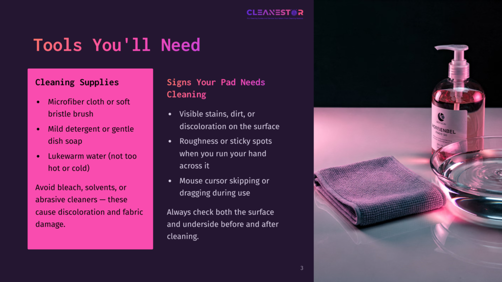 An Infographic Displays Cleaning Supplies And Signs Indicating When A Pad Needs Cleaning, With A Bottle Of Cleaning Solution, A Towel, And A Bowl Of Water Nearby.