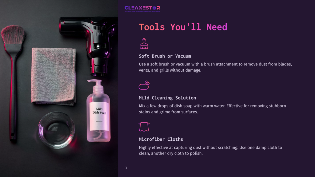 3 Tools Youll Need 5 A Cleaning Kit For Electronics Includes A Soft Brush, Mild Dish Soap, Microfiber Cloths, And A Vacuum Attachment On A Dark Surface.