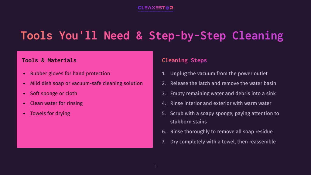 A Dark Purple Slide Titled &Quot;Tools You'Ll Need &Amp; Step-By-Step Cleaning&Quot; Lists Rubber Gloves, Mild Soap, Soft Sponge Or Cloth, Water For Rinsing, And Towels For Drying. The Cleaning Steps Include Unplugging The Vacuum, Releasing The Latch, Emptying Debris, Rinsing, Scrubbing, And Drying.