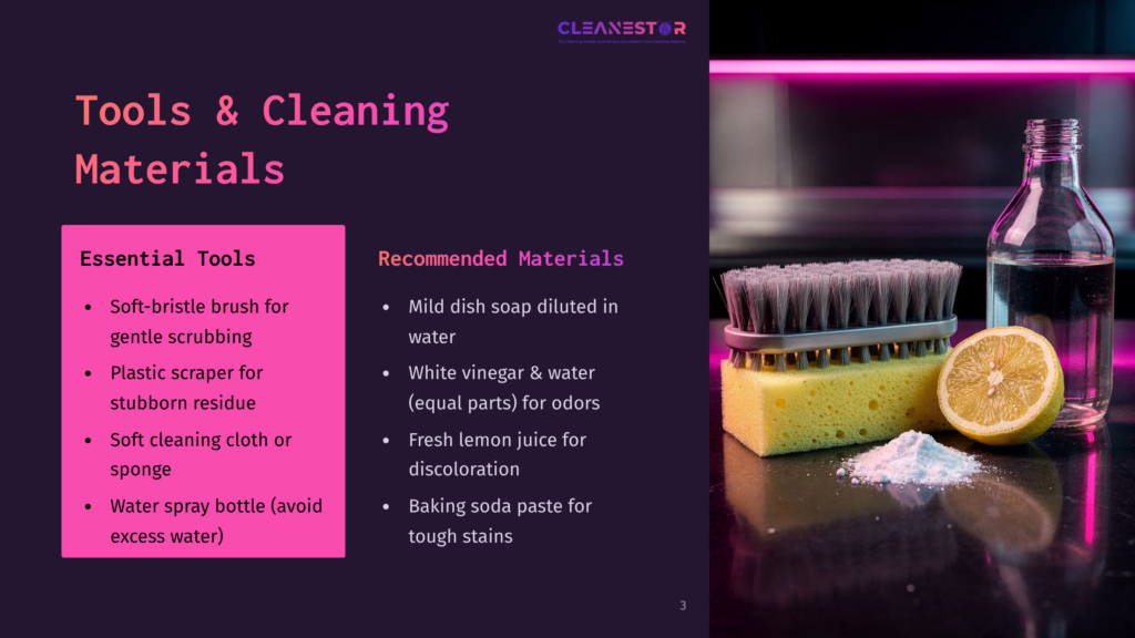 An Infographic Showing Essential Tools And Recommended Materials For Cleaning. Tools Include A Soft-Bristle Brush, Plastic Scraper, Soft Cleaning Cloth Or Sponge, And A Water Spray Bottle. Materials Include Mild Dish Soap, White Vinegar, Fresh Lemon Juice, And Baking Soda.