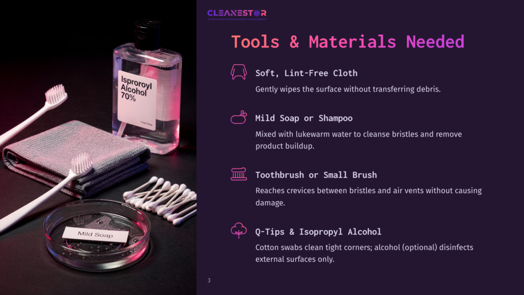A Flat Lay Of Cleaning Supplies For Electronics: Isopropyl Alcohol, A Grey Microfiber Cloth, Two Toothbrushes, And Cotton Swabs In A Petri Dish Labeled &Quot;Mild Soap.