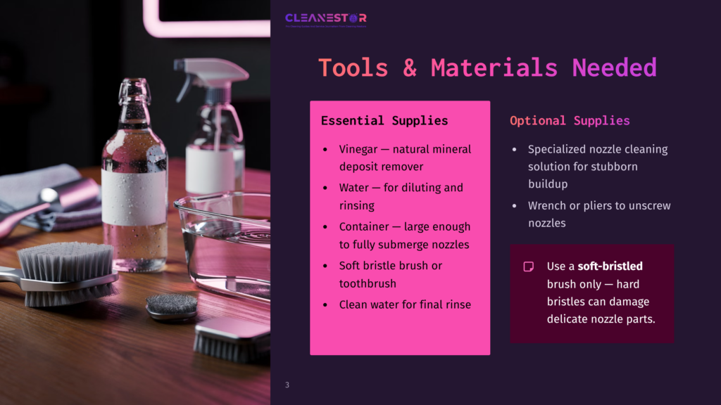A Wooden Table Displaying Tools And Materials For Cleaning Nozzles, Including A Soft-Bristled Brush, A Bottle Of Vinegar, And A Spray Bottle.