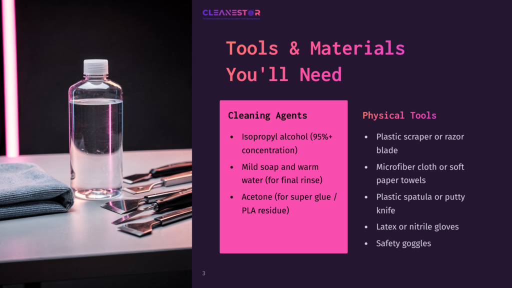 A Still Life Of Cleaning Supplies On A White Surface, Featuring A Large Bottle Of Clear Liquid, A Grey Microfiber Cloth, And Several Metal Scrapers. The Text &Quot;Cleanestor&Quot; And &Quot;Tools &Amp; Materials You'Ll Need&Quot; Is Visible.