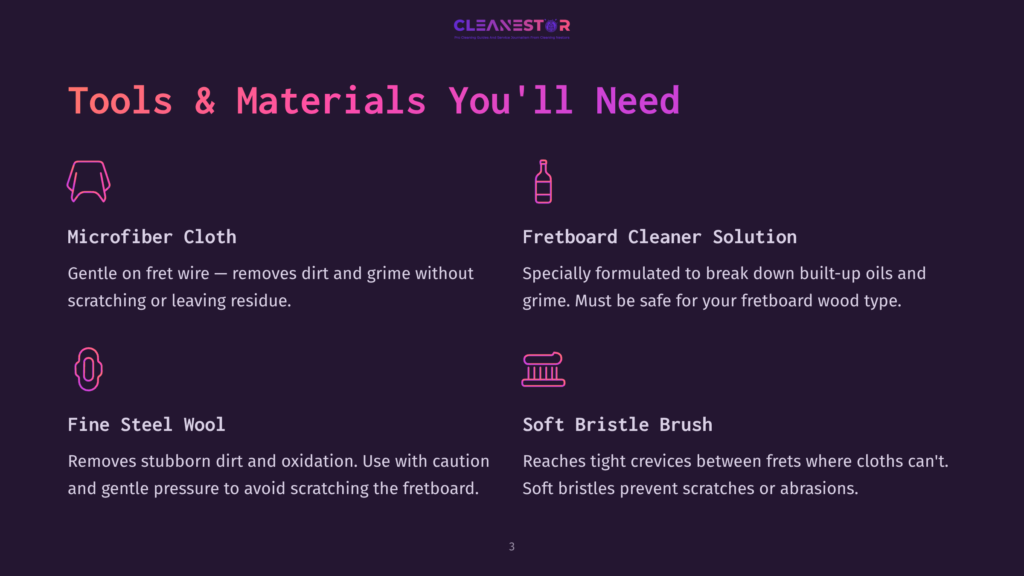 A Dark Purple Background Displays A List Of Tools And Materials Needed, With Icons For Each. An Icon Of A Cloth Represents A Microfiber Cloth For Gentle Fret Wire Cleaning. A Bottle Icon Represents A Fretboard Cleaner Solution For Built-Up Oils And Grime. A Wool Roving Icon Represents Fine Steel Wool For Stubborn Dirt And Oxidation. A Brush Icon Represents A Soft Bristle Brush For Tight Crevices Between Frets.