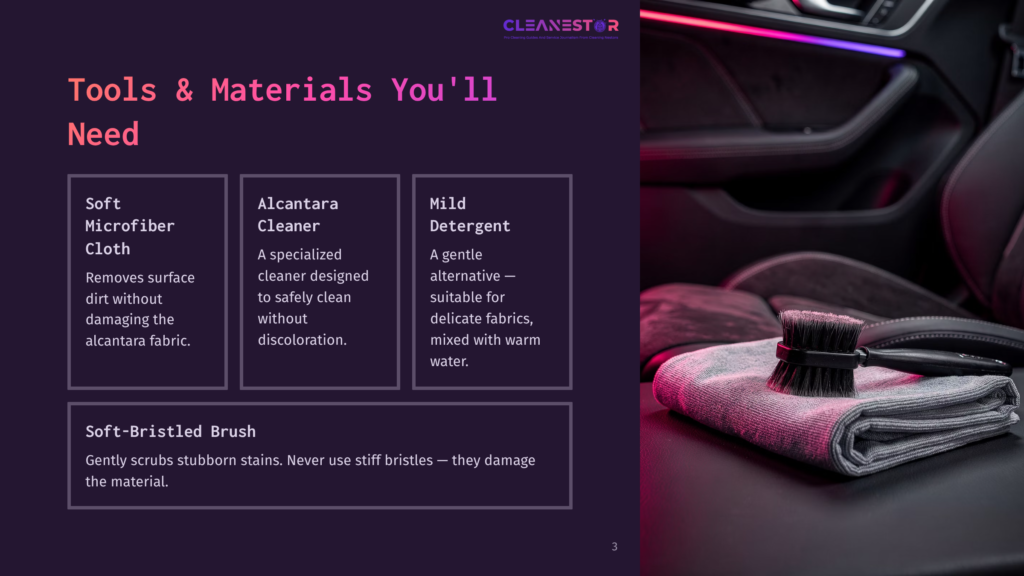 An Infographic Displays Tools And Materials For Cleaning Alcantara Fabric, Including A Soft Microfiber Cloth, Specialized Alcantara Cleaner, Mild Detergent, And A Soft-Bristled Brush, With A Car Interior In The Background.