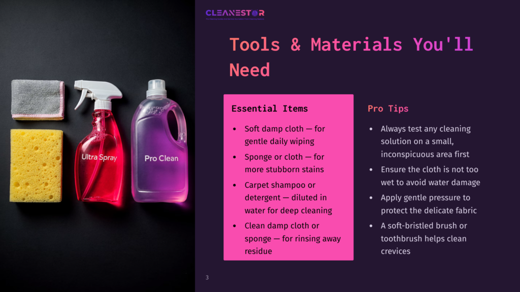 Cleaning Supplies: A Microfiber Cloth, A Yellow Sponge, A Red Spray Bottle Labeled &Quot;Ultra Spray,&Quot; And A Purple Bottle Labeled &Quot;Pro Clean.