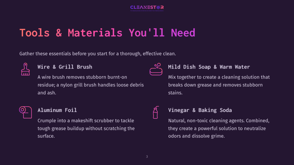 3 Tools And Materials Youll Need 5 Tools And Materials For Cleaning: Wire &Amp; Grill Brush, Aluminum Foil, Mild Dish Soap &Amp; Warm Water, And Vinegar &Amp; Baking Soda. Text Lists Cleaning Supplies.