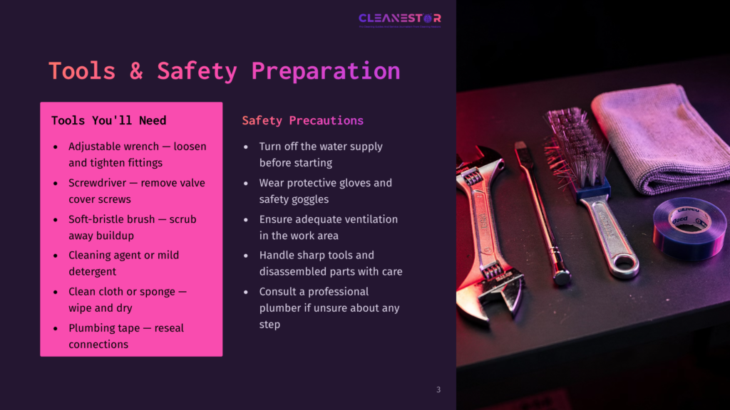 Infographic On Tools And Safety Precautions For Plumbing Tasks, Featuring An Adjustable Wrench, Screwdriver, Soft-Bristle Brush, Cleaning Agent, Cloth, Sponge, Wipe, And Tape. Safety Tips Include Turning Off The Water Supply, Wearing Protective Gloves, Ensuring Adequate Ventilation, Handling Tools And Parts With Care, And Consulting A Professional If Unsure. Background Includes A Dark Purple Surface With A Towel And Tape.