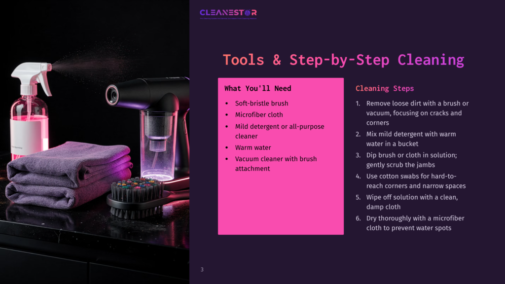 Cleanestor Logo And Text: &Quot;Tools &Amp; Step-By-Step Cleaning.&Quot; Image Shows A Cleaning Spray Bottle, Microfiber Cloths, And A Brush On A Dark Surface.