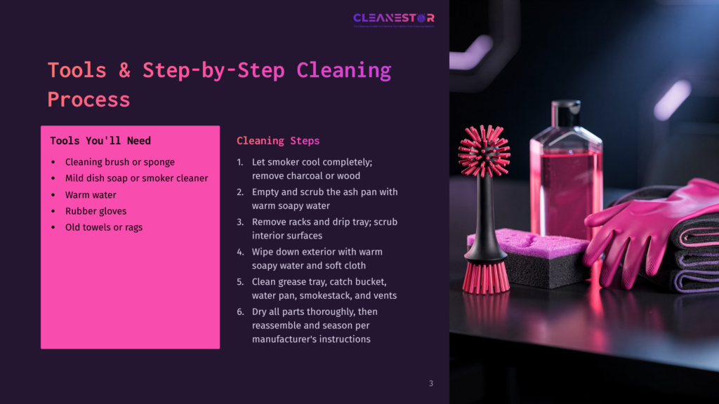 Cleaning Supplies For A Smoker'S Cooler: A Pink Brush, Pink Gloves, Sponges, And Cleaning Solution, With A &Quot;Cleanestor&Quot; Logo And Cleaning Steps On A Dark Background.