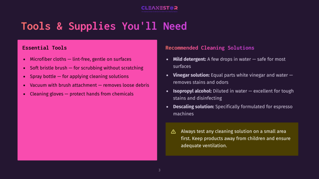 3 Tools And Supplies Youll Need A Presentation Slide Titled &Quot;Tools &Amp; Supplies You'Ll Need&Quot; Lists Essential Cleaning Tools Like Microfiber Cloths And Spray Bottles, And Recommended Cleaning Solutions Such As Mild Detergent And Vinegar Solution, With A Warning About Testing Solutions First.