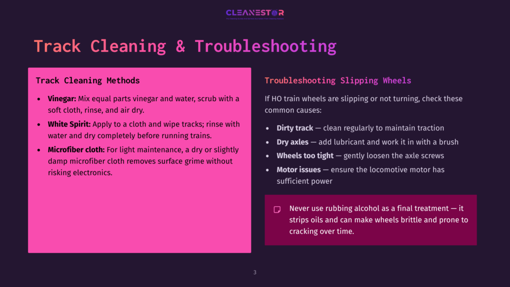 Slide With &Quot;Track Cleaning &Amp; Troubleshooting&Quot; Title, Listing Cleaning Methods Like Vinegar And Microfiber Cloth, And Troubleshooting Tips For Slipping Wheels, Dry Axles, And Motor Issues.