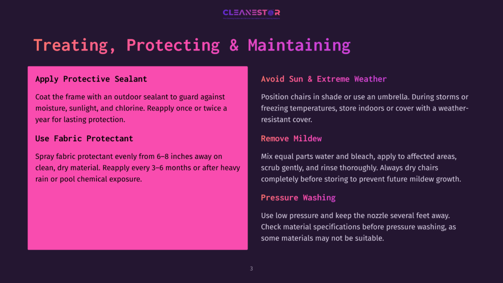 Text On A Dark Background Lists Tips For Treating, Protecting, And Maintaining Outdoor Furniture, Including Applying Protective Sealant And Fabric Protectant, And Avoiding Extreme Weather.