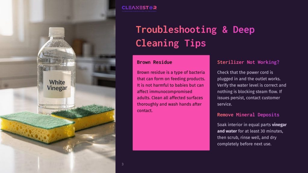 A White Vinegar Bottle And Two Green And Yellow Sponges Sit On A Countertop, With A Kitchen In The Background. Text Reads &Quot;White Vinegar&Quot; And &Quot;Cleanestor&Quot;.