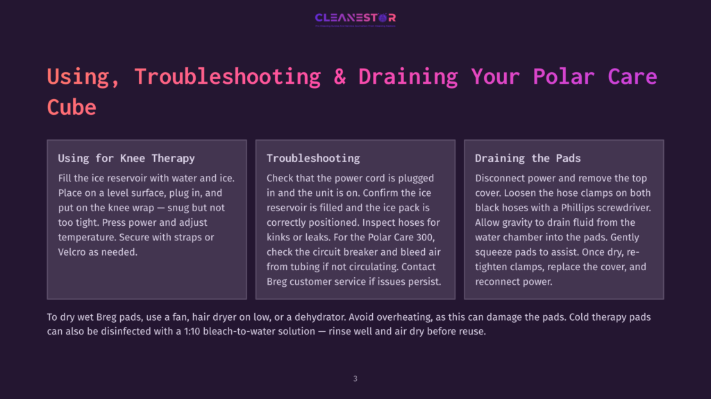 A Page From A Manual Titled &Quot;Using, Troubleshooting &Amp; Draining Your Polar Care Cube.&Quot; It Features Three Sections: &Quot;Using For Knee Therapy,&Quot; &Quot;Troubleshooting,&Quot; And &Quot;Draining The Pads,&Quot; With Instructions And Advice.