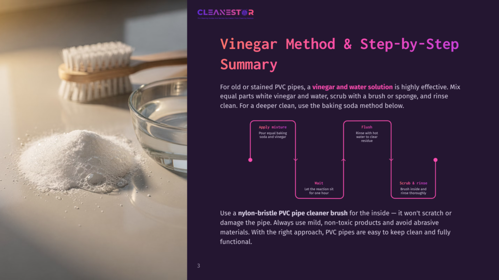 3 Vinegar Method And Step By Step Summary A Close-Up Shot Shows A Pile Of White Baking Soda Next To A Glass Of Water And A Scrubbing Brush On A Light-Colored Surface, With The Text &Quot;Vinegar Method &Amp; Step-By-Step Summary&Quot; Visible In The Background.
