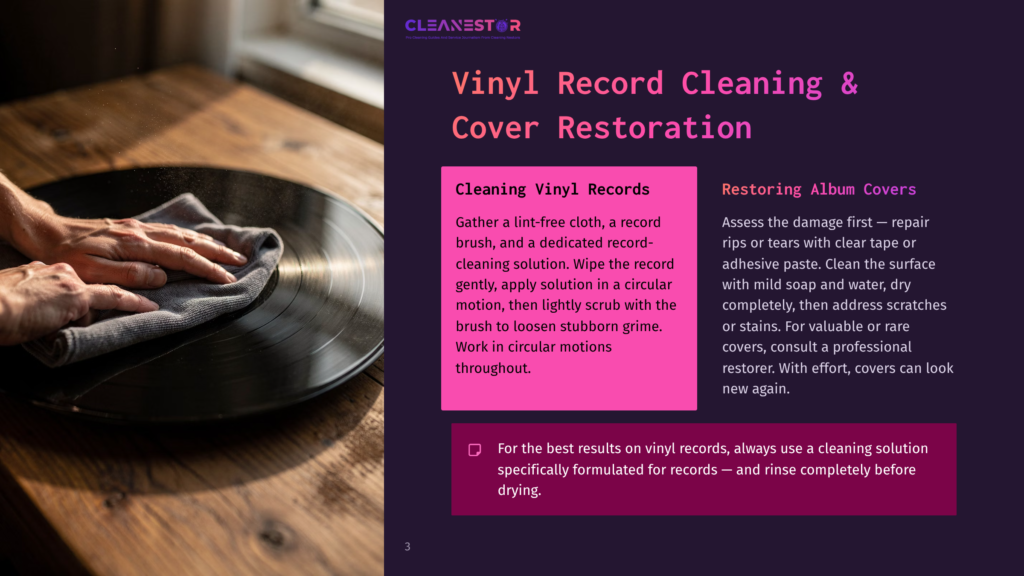 Close-Up Of Hands Gently Cleaning A Black Vinyl Record With A Gray Lint-Free Cloth In A Circular Motion. Text Overlay Reads &Quot;Cleanestor Vinyl Record Cleaning &Amp; Cover Restoration&Quot;.