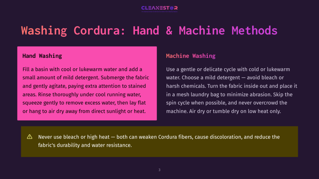 Two Methods For Washing Cordura Fabric: Hand Washing With Basin And Suds, And Machine Washing With A Mesh Bag. Text Warns Against Bleach And High Heat.
