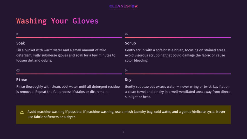 3 Washing Your Gloves Cleanestor Logo At The Top Of A Dark Purple Background With Pink And Purple Gradient Text Detailing How To Wash And Dry Gloves. Steps Include Soak, Scrub, Rinse, And Dry.