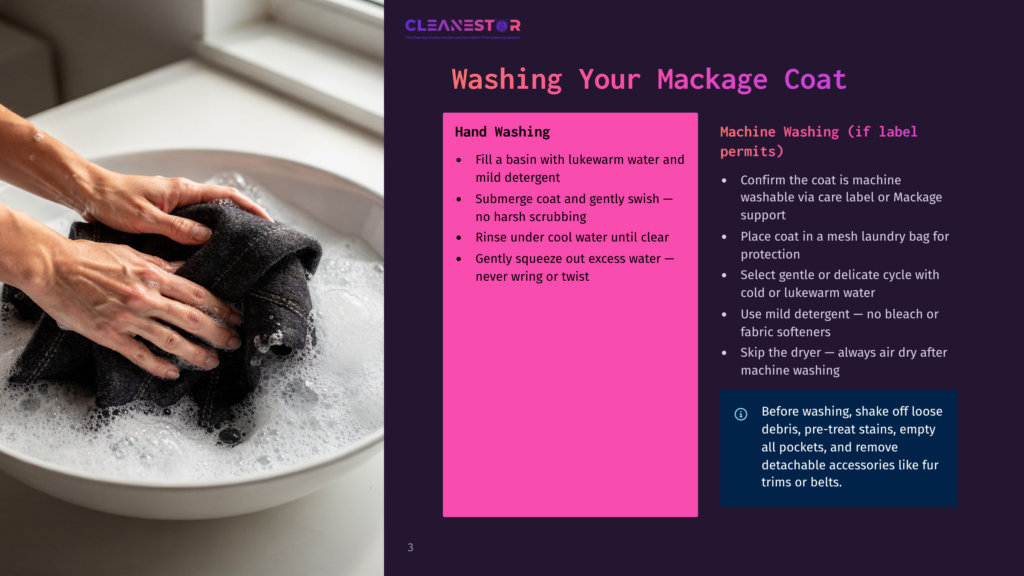 3 Washing Your Mackage Coat Hands Gently Wash A Dark Grey Mackage Coat In A White Basin Filled With Soapy Water, Demonstrating Hand-Washing Instructions.