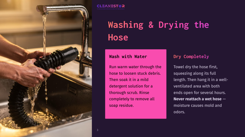 3 Washing And Drying The Hose Hands Washing A Black Flexible Hose Under A Running Faucet In A Sink, With Text Overlay &Quot;Washing &Amp; Drying The Hose&Quot; And Instructions For Cleaning.