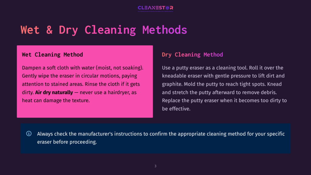 Infographic Detailing &Quot;Wet &Amp; Dry Cleaning Methods&Quot; With Two Columns: &Quot;Wet Cleaning Method&Quot; Explaining Damp Cloth Use And &Quot;Dry Cleaning Method&Quot; Explaining Putty Eraser Use. Includes A Warning Icon And Text About Checking Manufacturer Instructions.