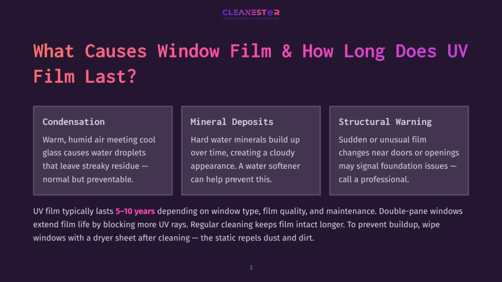 3 What Causes Window Film And How Long Does Uv Film Last Infographic Titled &Quot;What Causes Window Film &Amp; How Long Does Uv Film Last?&Quot; Detailing Condensation, Mineral Deposits, And Structural Warning Factors Affecting Uv Window Film Longevity.