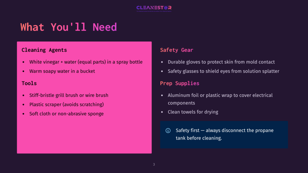 A Slide Titled &Quot;What You'Ll Need&Quot; Lists Cleaning Agents, Tools, Safety Gear, And Prep Supplies For Cleaning, Including White Vinegar, Soap, Brushes, Scrapers, Gloves, Glasses, Foil, And Towels.
