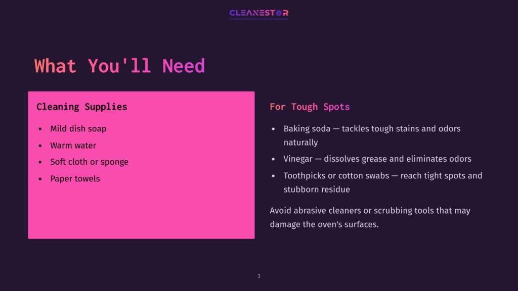 A Dark Background With A Vibrant Pink Rectangle On The Left Listing Cleaning Supplies: Mild Dish Soap, Warm Water, Soft Cloth, And Paper Towels. The Right Side Lists &Quot;For Tough Spots&Quot; With Baking Soda And Vinegar.