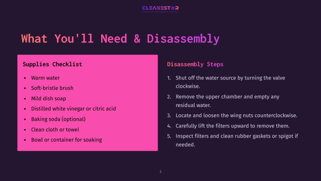 A Dark Purple Background With A Pink Rectangular Box On The Left Listing &Quot;Supplies Checklist&Quot; With Items Like Warm Water And Baking Soda. On The Right, &Quot;Disassembly Steps&Quot; Are Listed, With Instructions For Shutting Off Water And Removing Parts.