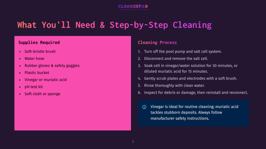 A Dark Purple Slide With A Pink Box On The Left Listing Cleaning Supplies Like A Soft-Bristle Brush And Water Hose, And A Dark Blue Box On The Right Detailing Step-By-Step Cleaning Instructions For A Salt Cell Pool System.