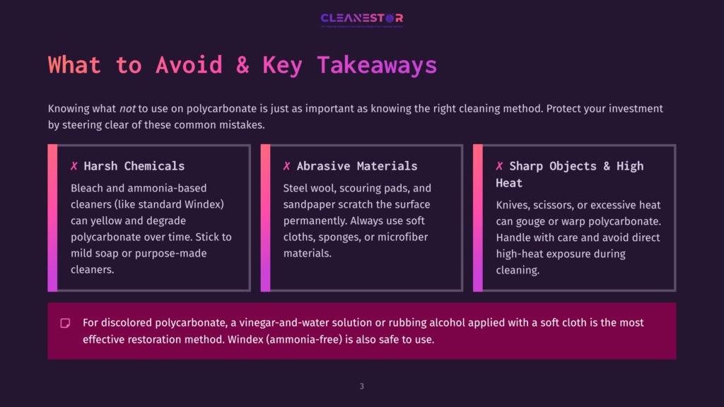 Infographic Titled &Quot;What To Avoid &Amp; Key Takeaways&Quot; For Cleaning Polycarbonate, Highlighting Harsh Chemicals, Abrasive Materials, And Sharp Objects With Red X Icons.