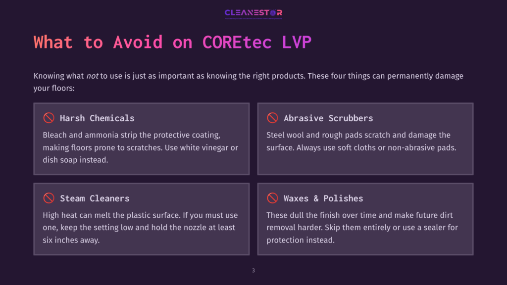 Infographic Titled &Quot;What To Avoid On Coretec Lvp&Quot; Listing Four Things: Harsh Chemicals, Abrasive Scrubbers, Steam Cleaners, And Waxes &Amp; Polishes, With Icons For Each.