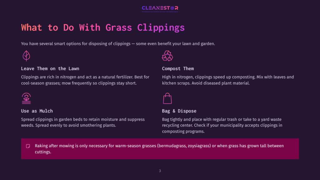 Illustration Of Four Smart Options For Disposing Of Grass Clippings: Leaving Them On The Lawn, Composting, Using As Mulch, And Bagging For Disposal. Text Highlights Benefits And Methods.