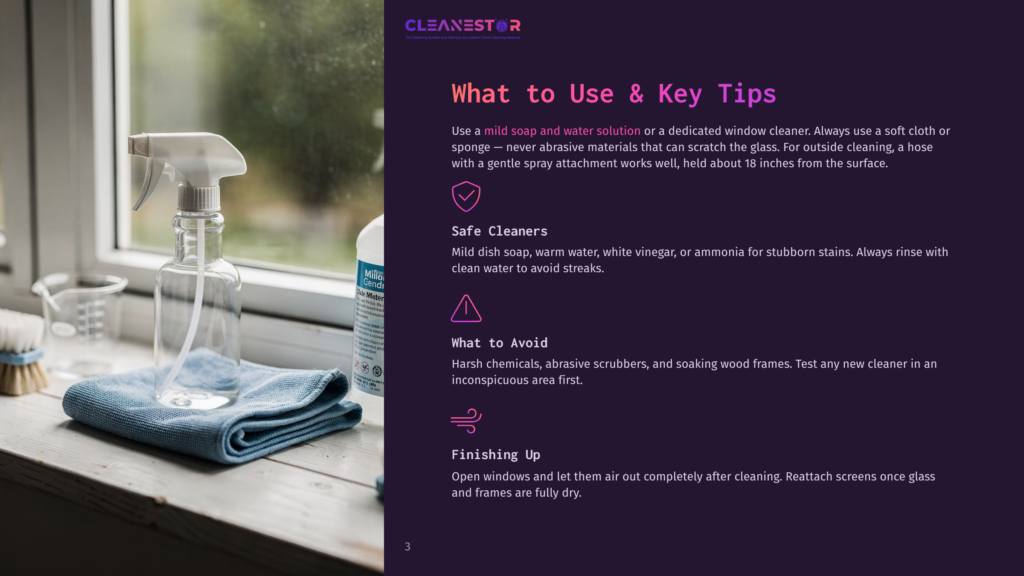 3 What To Use And Key Tips A Spray Bottle Of Window Cleaner, A Blue Microfiber Cloth, And A Measuring Cup Sit On A Wooden Windowsill Next To A Glass Pane. The Cleanestor Logo Is Visible On The Spray Bottle.