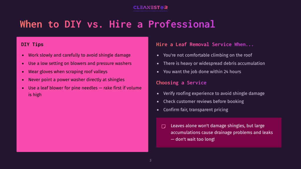 3 When To Diy Vs Hire A Professional A Split Image Comparing Diy And Professional Leaf Removal. The Left Side, In Pink, Lists Diy Tips Like &Quot;Work Slowly And Carefully To Avoid Shingle Damage.&Quot; The Right Side, In Purple, Advises On When To Hire A Professional, Stating &Quot;You'Re Not Comfortable Climbing On The Roof.