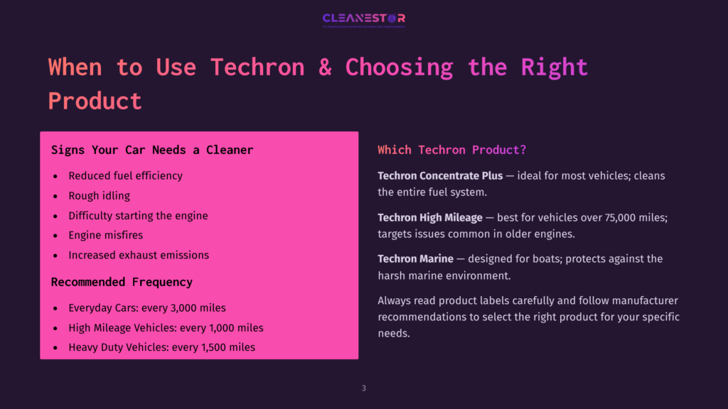 When To Use Techron &Amp; Choosing The Right Product Slide With Text Listing Signs Your Car Needs A Cleaner, Such As Reduced Fuel Efficiency And Rough Idling, And Techron Product Options Like Techron Concentrate Plus And Techron High Mileage.