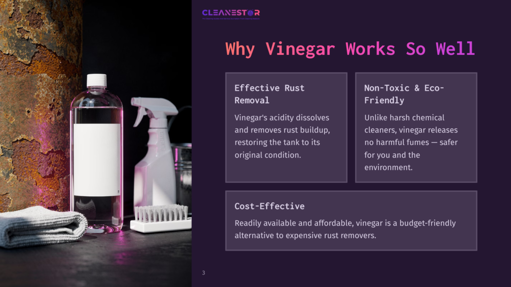 3 Why Vinegar Works So Well Cleanestor Logo At The Top Of A Dark Purple Slide With White Text: &Quot;Why Vinegar Works So Well.&Quot; Below Are Three Sections: &Quot;Effective Rust Removal,&Quot; &Quot;Non-Toxic &Amp; Eco-Friendly,&Quot; And &Quot;Cost-Effective,&Quot; Detailing Vinegar'S Benefits For Cleaning.