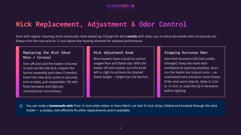 3 Wick Replacement Adjustment And Odor Control A Webpage Section With A Dark Theme Explaining The Process Of Wick Replacement, Adjustment, And Odor Control. It Includes A Detailed Guide On How To Replace A Heat Mate Or Corona Wick, Adjust The Wick Knob For Optimal Oxygen Flow, And Manage Kerosene Odor. The Text Is Clear And Informative.