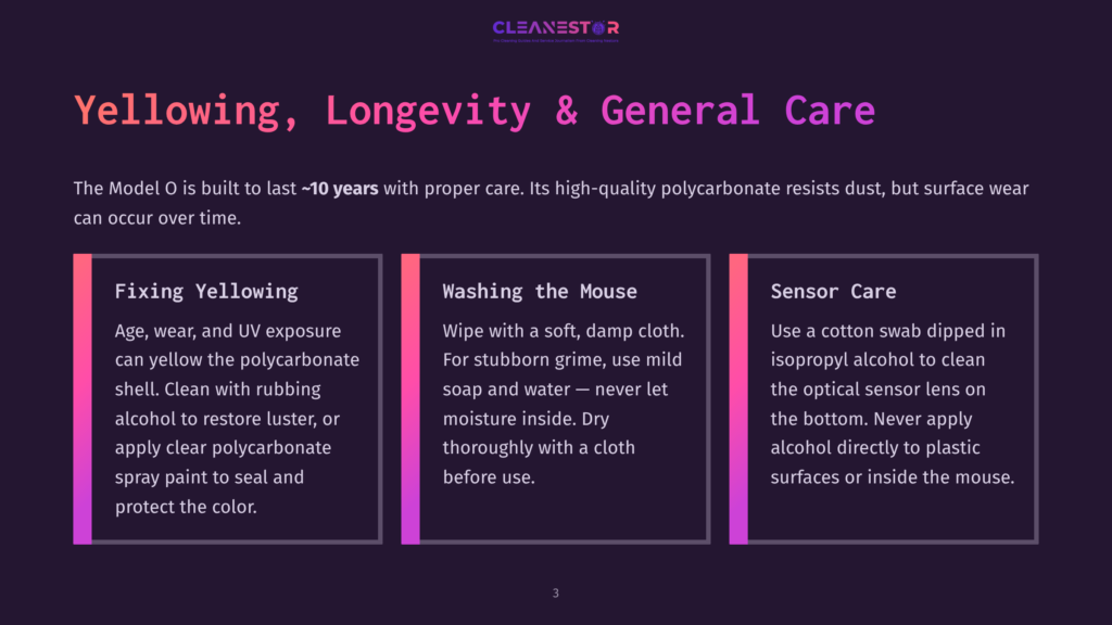 3 Yellowing Longevity And General Care A Graphic With Three Vertical Panels Detailing How To Care For The Model O Mouse. The Panels Are Titled &Quot;Fixing Yellowing,&Quot; &Quot;Washing The Mouse,&Quot; And &Quot;Sensor Care,&Quot; Offering Advice On Maintenance And Longevity.