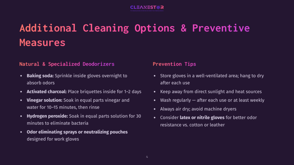 An Infographic Displays &Quot;Additional Cleaning Options &Amp; Preventive Measures&Quot; With Bullet Points. The Left Side Lists Natural And Specialized Deodorizers, Including Baking Soda, Activated Charcoal, Vinegar Solution, Hydrogen Peroxide, And Odor Eliminating Sprays. The Right Side Gives Prevention Tips Like Storing Gloves In A Well-Ventilated Area And Washing Them Regularly.