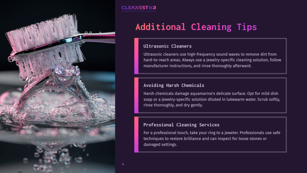 4 Additional Cleaning Tips 1 Close-Up Of A Diamond Ring Being Cleaned With A Toothbrush Under Running Water, With Text Overlay &Quot;Cleanestor Additional Cleaning Tips Ultrasonic Cleaners Avoiding Harsh Chemicals Professional Cleaning Services&Quot;.