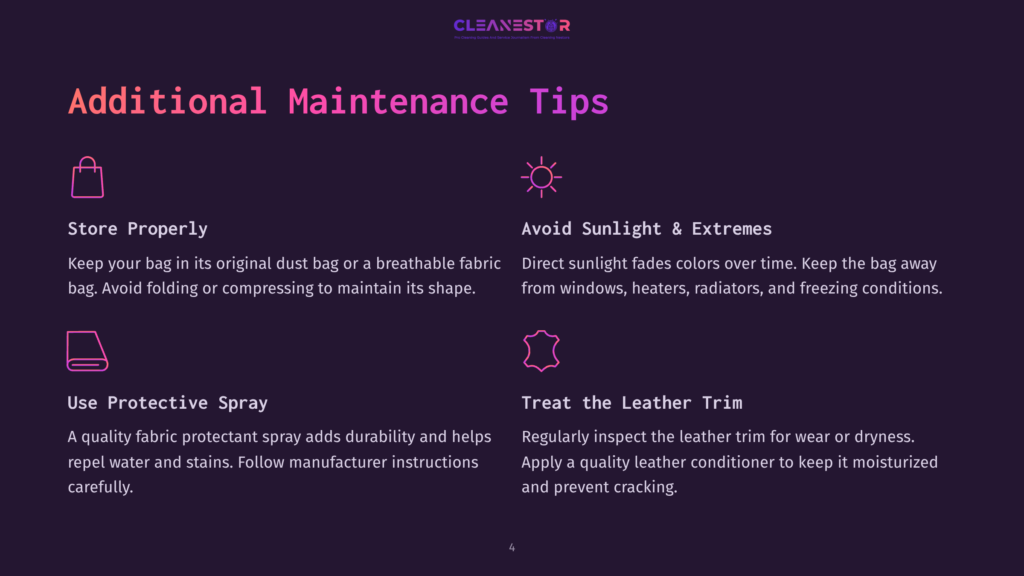 Infographic With Four Tips For Additional Maintenance Of Bags: Store Properly, Avoid Sunlight &Amp; Extremes, Use Protective Spray, And Treat The Leather Trim. The Tips Are Accompanied By Icons.
