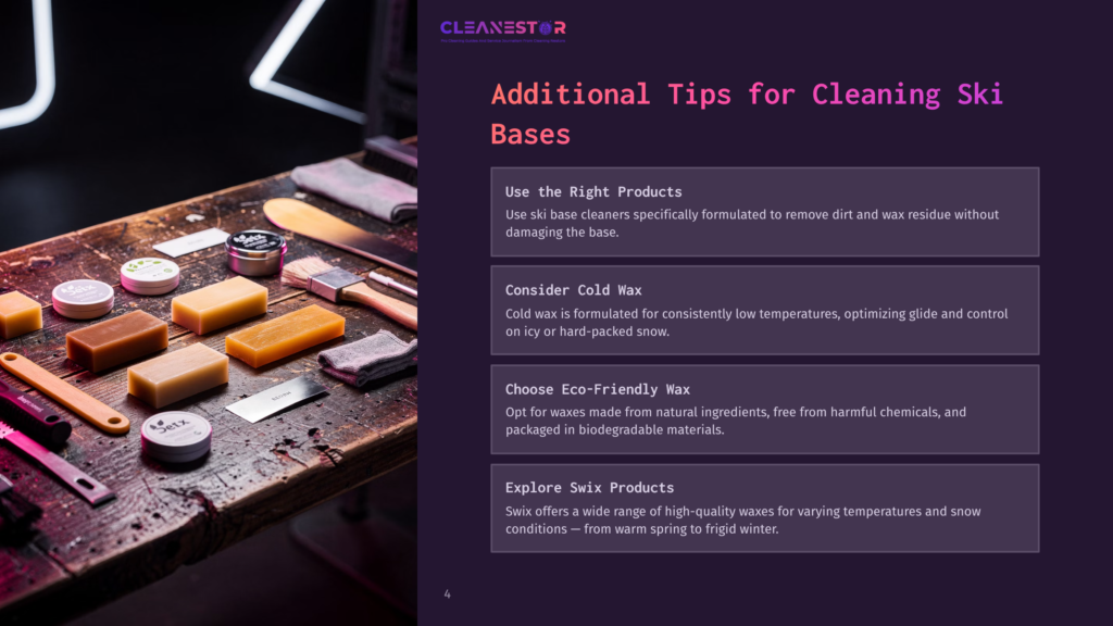 4 Additional Tips For Cleaning Ski Bases A Close-Up Of Ski Wax Blocks And Brushes On A Wooden Table, With Text Overlay: &Quot;Cleanestor Additional Tips For Cleaning Ski Bases&Quot;.