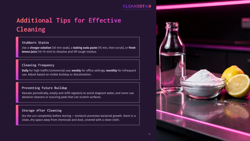 Cleanestor Logo At The Top Of A Dark Purple Graphic With Text About Cleaning Tips. A Bottle Of Clear Liquid, A Bowl Of White Powder, And Lemons Sit On A Stainless Steel Counter.