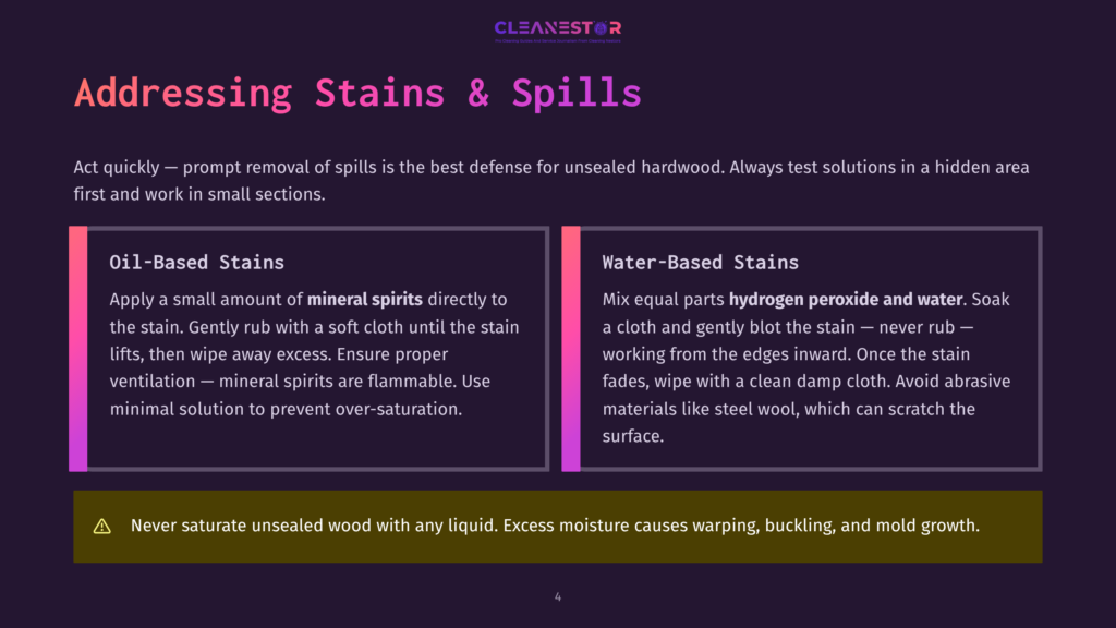 4 Addressing Stains And Spills Cleanestor Graphic On Addressing Stains And Spills On Unsealed Hardwood, Detailing Oil-Based And Water-Based Stain Removal Methods.