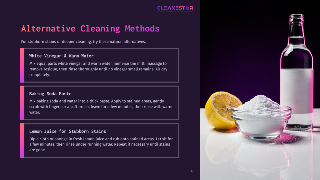 A Glass Bottle Of White Liquid, A Bowl Of White Powder, And A Halved Lemon Sit On A Reflective Surface, With A Dark Purple Background. The Scene Illustrates Natural Cleaning Ingredients Like Baking Soda And Vinegar.
