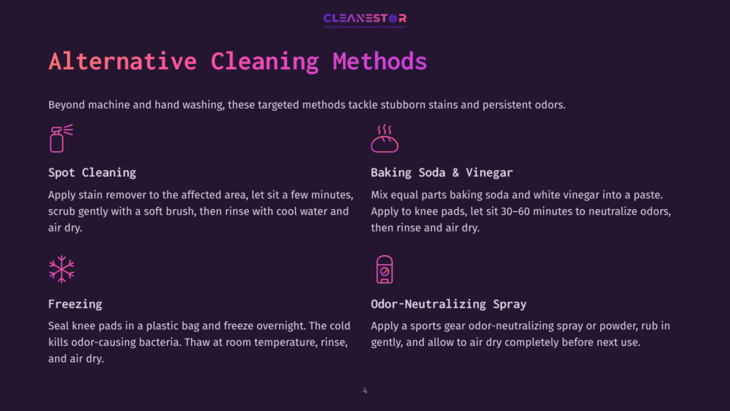 4 Alternative Cleaning Methods Cleanestor Graphic Listing Alternative Cleaning Methods: Spot Cleaning, Baking Soda &Amp; Vinegar, Freezing, And Odor-Neutralizing Spray.