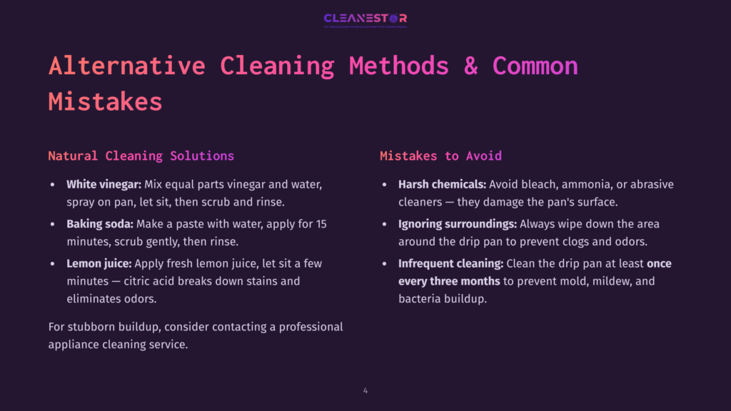 Slide Titled &Quot;Alternative Cleaning Methods &Amp; Common Mistakes&Quot; With Sections On &Quot;Natural Cleaning Solutions&Quot; (White Vinegar, Baking Soda, Lemon Juice) And &Quot;Mistakes To Avoid&Quot; (Harsh Chemicals, Ignoring Surroundings, Infrequent Cleaning).